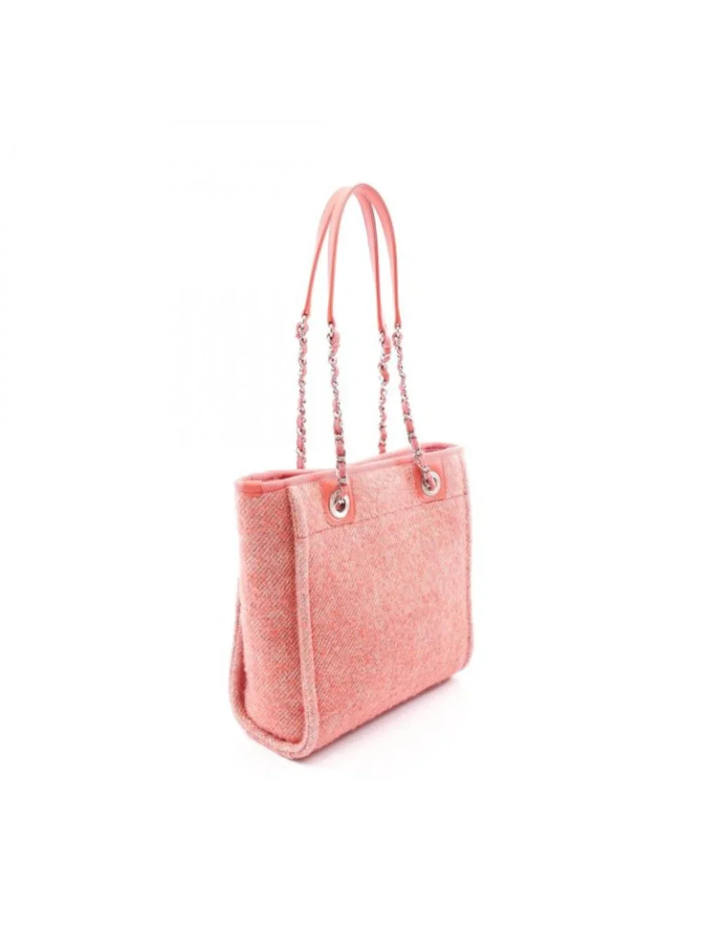 Chanel Tote Bag Deauville PM Pink Ivory Canvas Leather 2-Way Chain PM